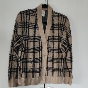 Joie Beige and Black Plaid Shawl-Collar Cardigan